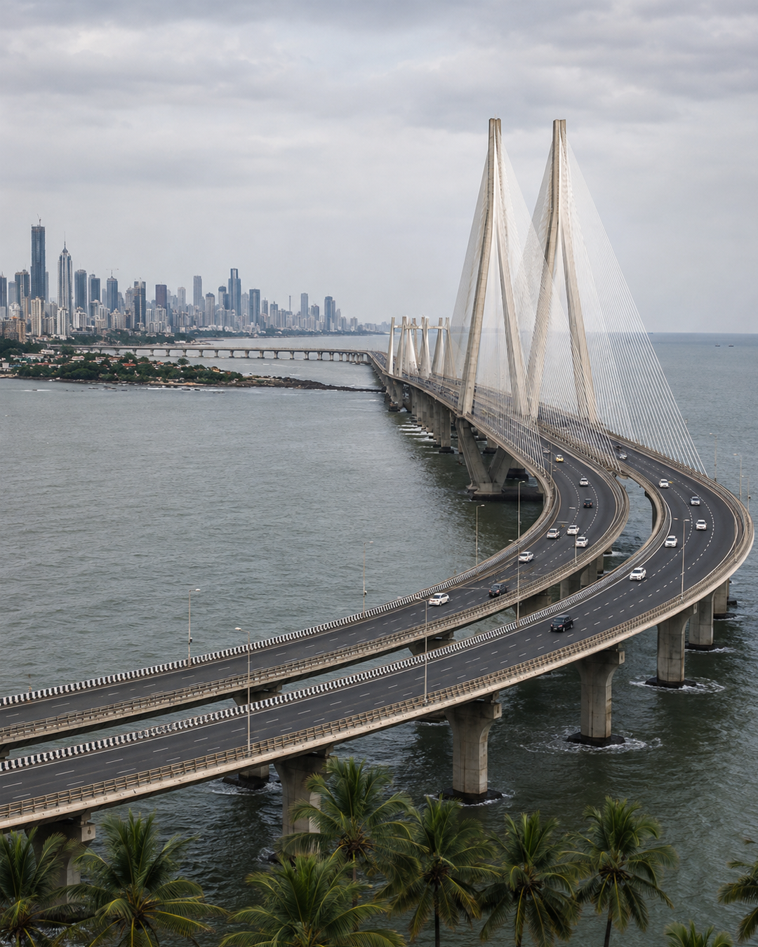 Bandra-Worli Sea Link leading towards the Mumbai skyline